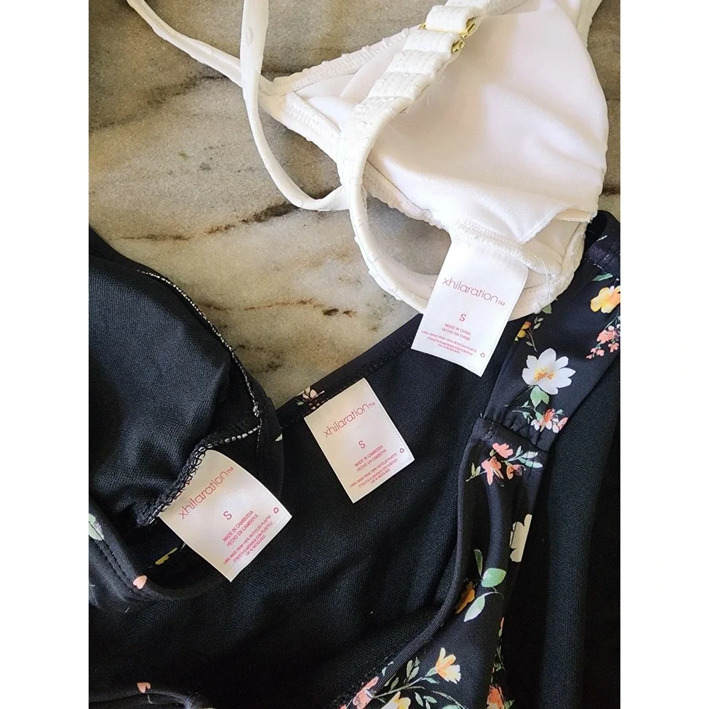 Xhilaration Womens Bikini Lot 3pc Black Floral White Swiss Dot Swimsuit Set S‎